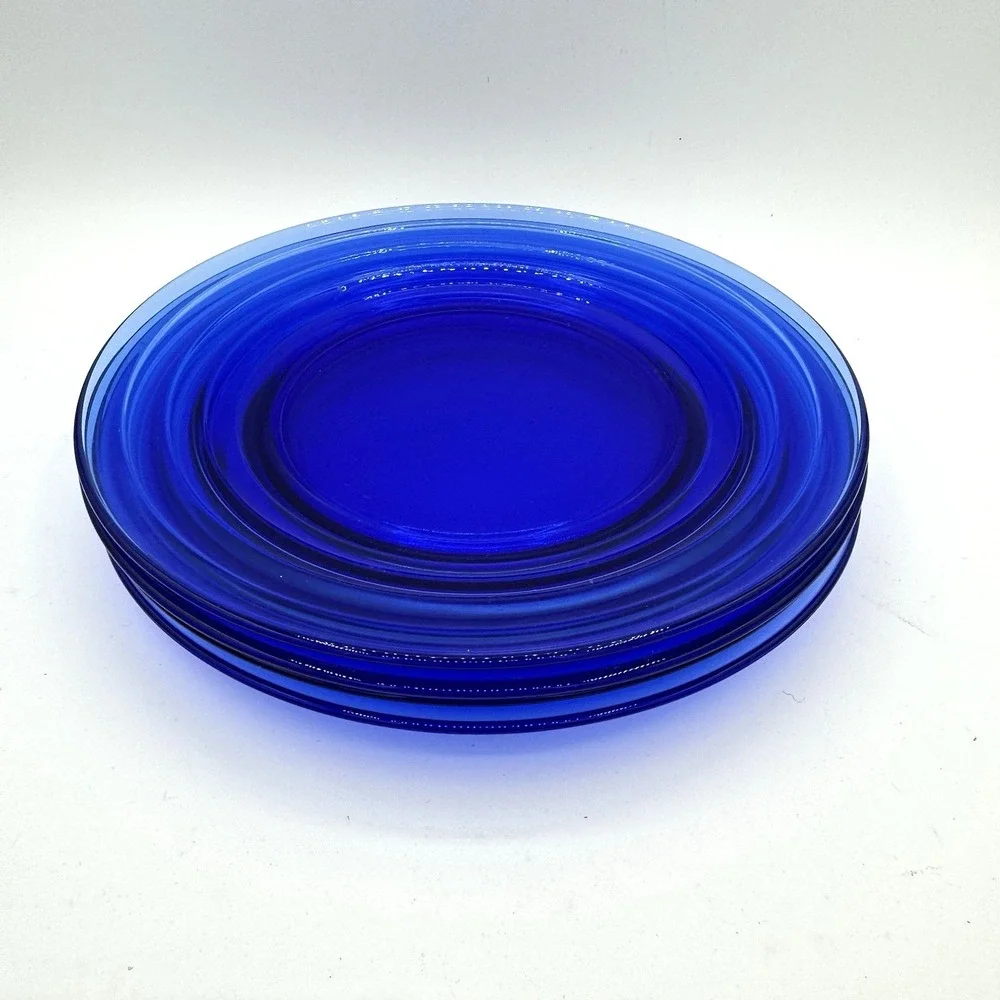 4 Vintage Hazel Atlas Moderntone Cobalt Blue Dinner‎ Plates Art Deco 1930s Glass